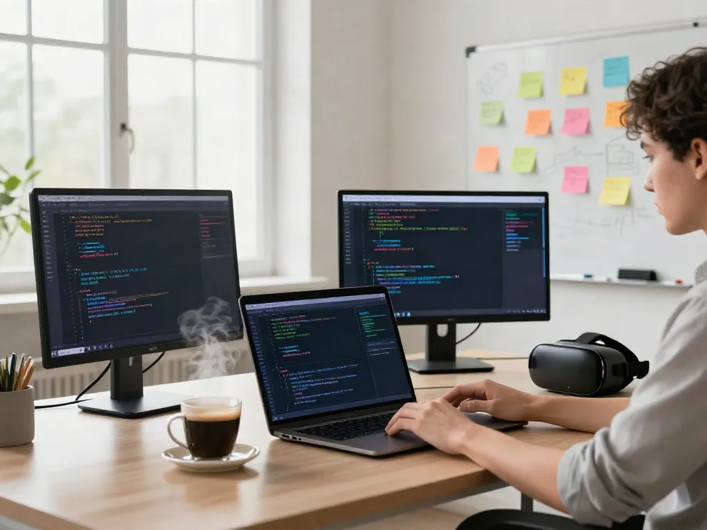 Engaging uncensored AI chat in a modern tech workspace, with dual monitors and vibrant notes.