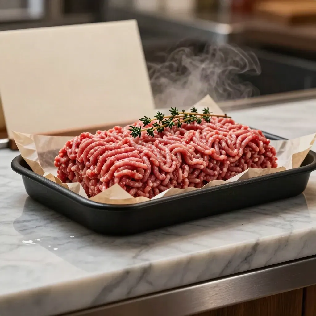 Barquette de steaks hachés 5% sur marbre froid, thym et reflet glacé.
