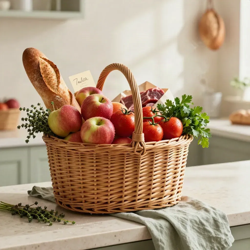 Grand panier de marché garni de fruits, pain, viande et herbes sur fond clair.