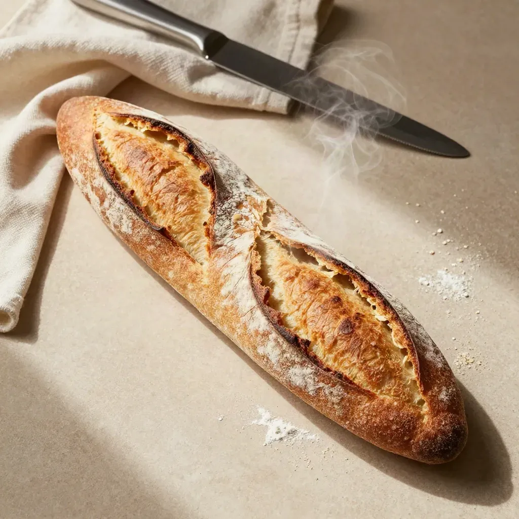 Baguette tradition chaude sur toile écrue avec torchon et couteau flou, vue du dessus.