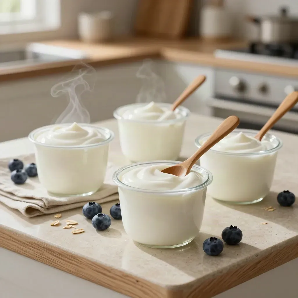 Quatre yaourts nature bio ouverts, cuillère en bois et myrtilles sur une cuisine claire.