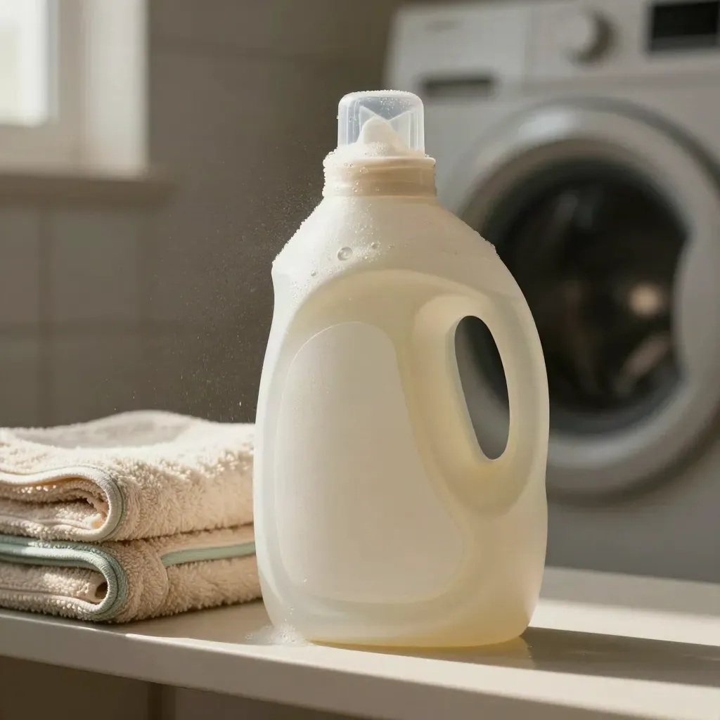 Gros plan d’une bouteille de lessive translucide avec serviettes pliées, mousse fine et lumière rasante.