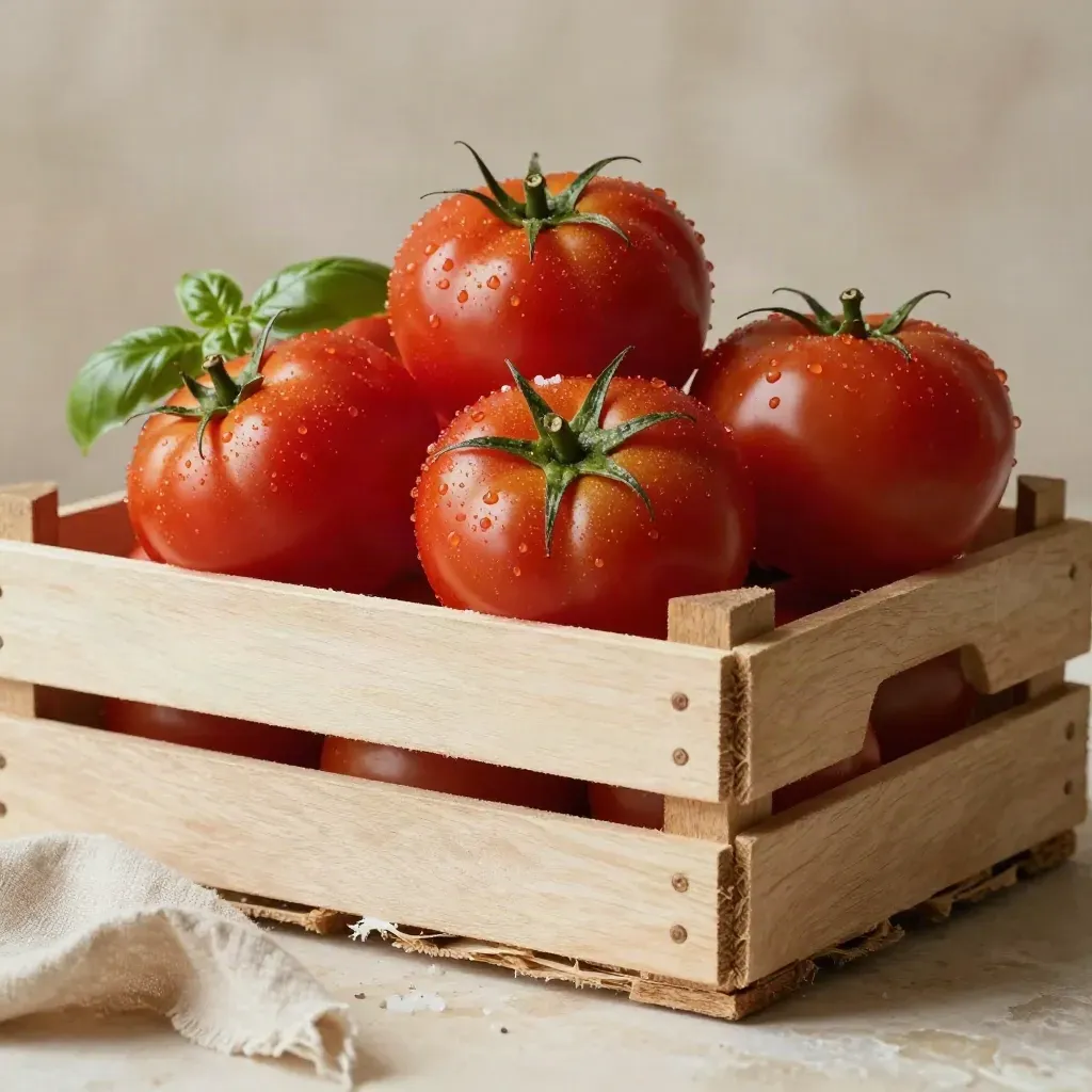 Grappe de tomates rondes rouges en caisse de bois clair, basilic et sel, vue légèrement plongée.