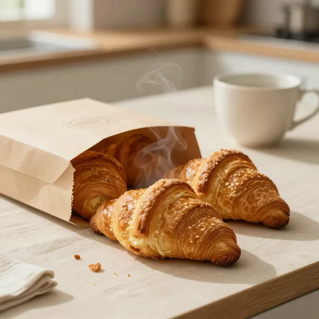 Six croissants au beurre en sachet ouvert, tasse floue et vapeur légère sur table de cuisine.