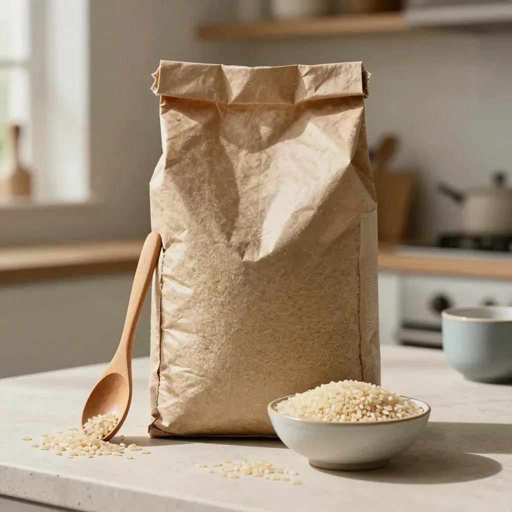 Sac de riz en kraft avec cuillère en bois, bol et grains épars sur plan clair.