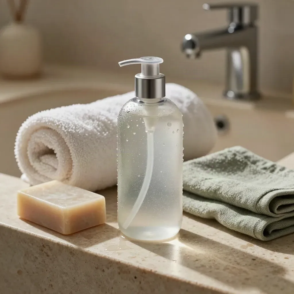 Flacon de gel mains transparent, serviette roulée et savon brut sur un lavabo clair.