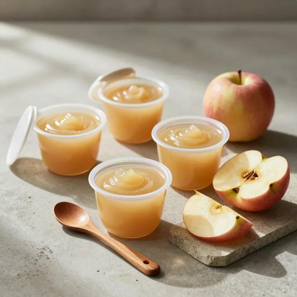 Quatre compotes de pommes ouvertes, cuillère en bois d’enfant, sur béton clair.