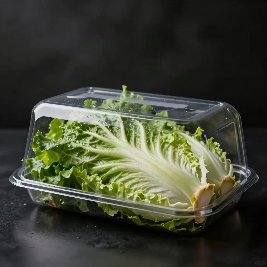 Barquette de salade verte croquante, couverte de gouttes, sur fond sombre