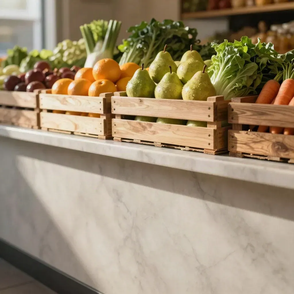 Étal de fruits et légumes sur marbre pâle, caisses en bois clair, lumière douce du matin.