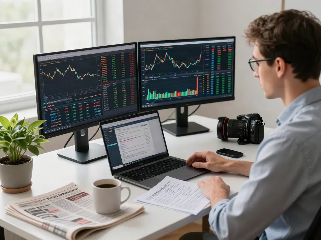 Trader utilisant la plateforme la-essorinvexaro.com dans un bureau moderne avec des graphiques et des analyses du marché.